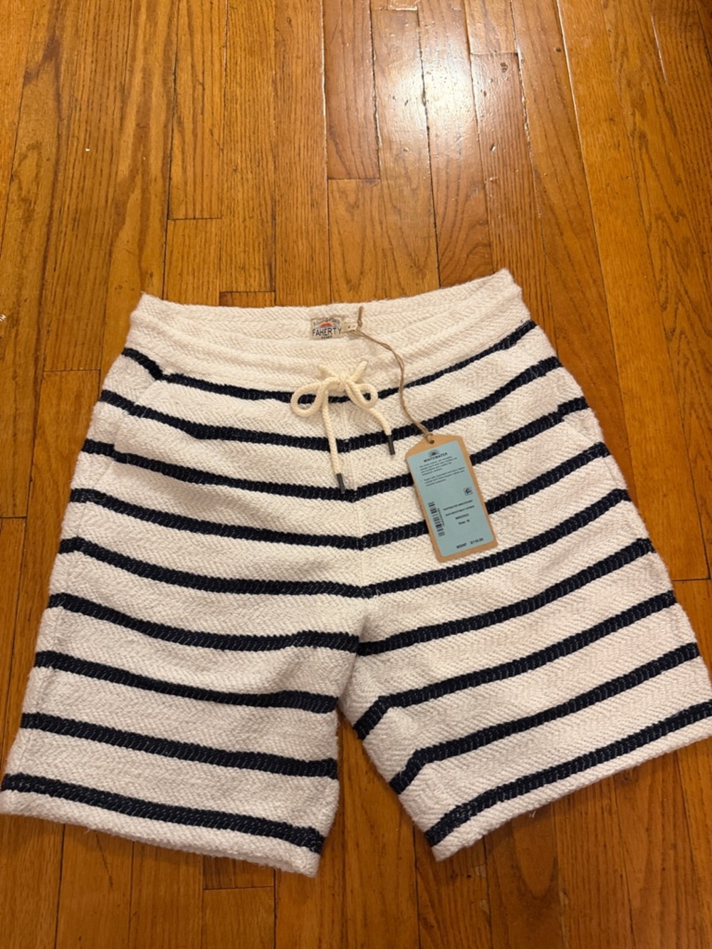 Faherty Whitewater Striped Terry Knit Drawstring Shorts Navy & Cream Medium NWT